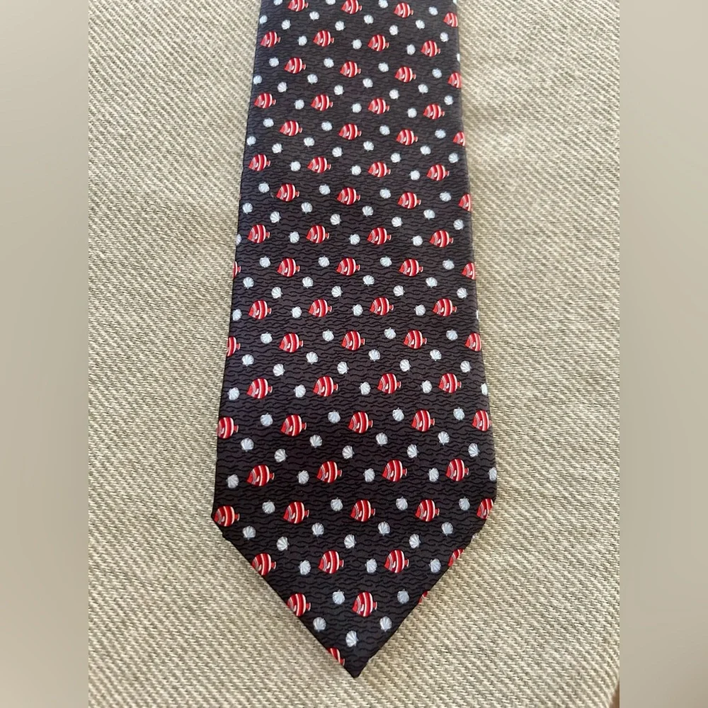 FRANGI 100% Silk Tie Navy Red Fish Print Made in Italy Office Classic